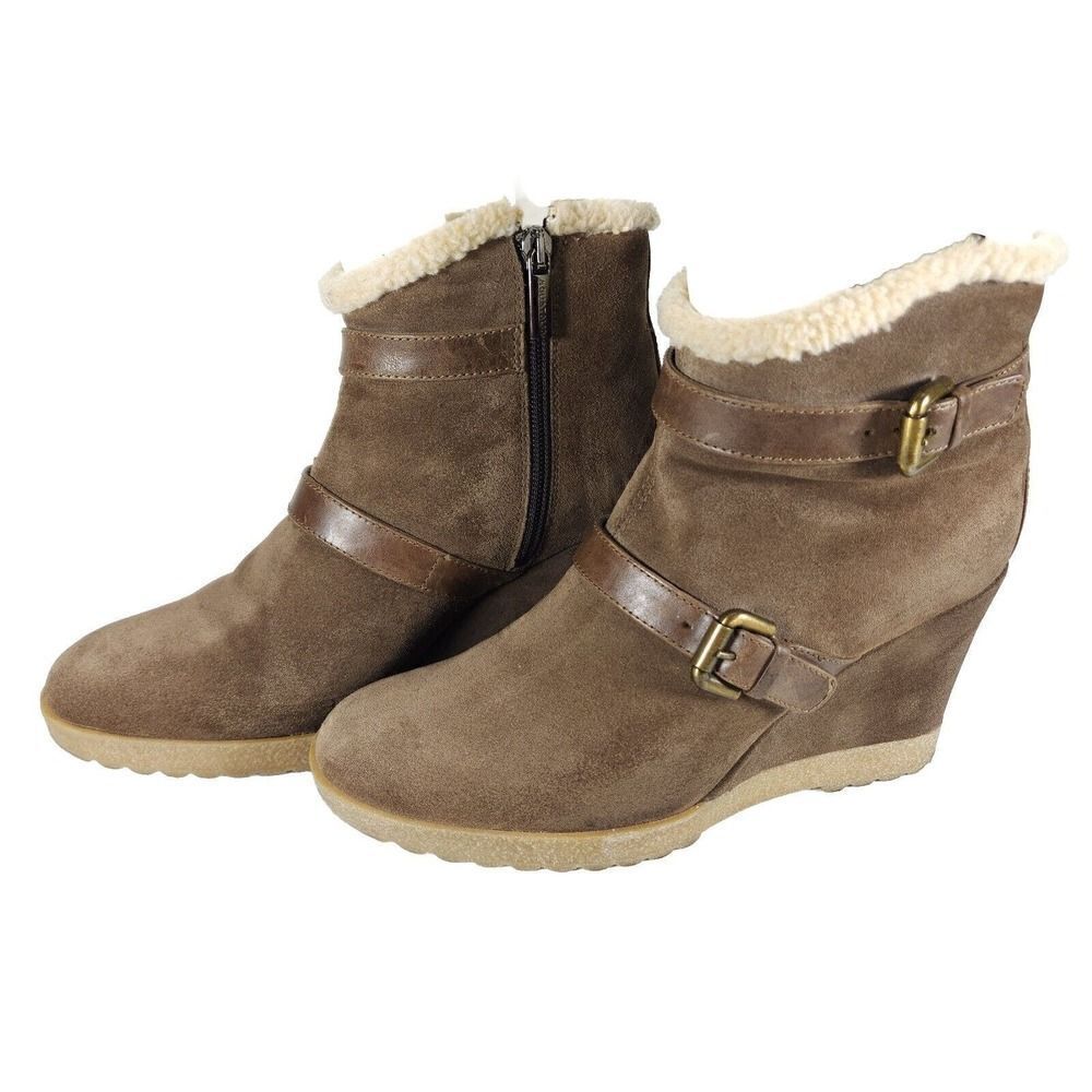 Aquatalia Women's US9 Brown Suede Leather Fur Lined Strappy Wedge Booties